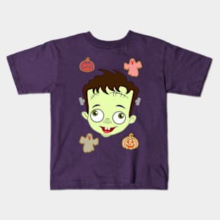 Spooky Cute Baby Frankenstein Halloween - Pumpkin & Ghosts Kids T-Shirt